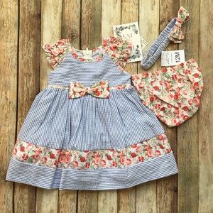 NWT Iris & Ivy Mixed Print Seersucker Dress, Headband, And Bloomers